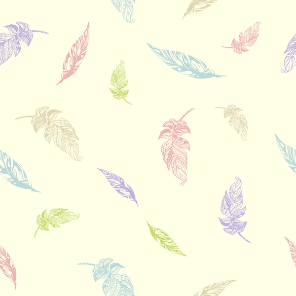 Vector rare seamless pattern of exotic peerless decorative hand drawn pink, blue, purple, green soft pastel color feathers on pale yellow background — Stock Vector