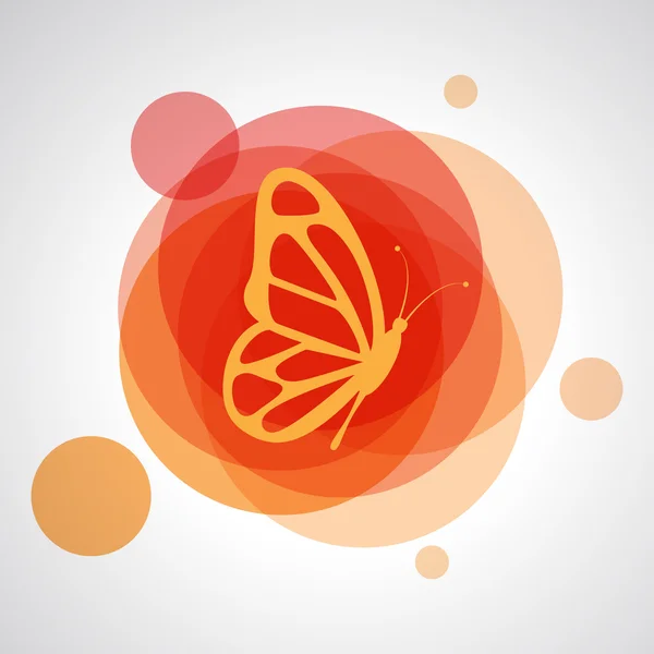 Logo abstrait vectoriel de papillon silhouette jaune sur fond de cercles rouges — Image vectorielle