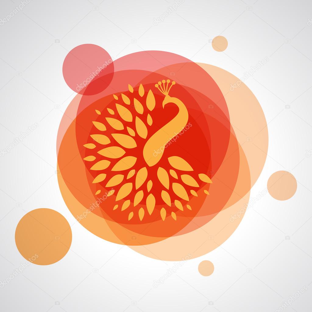 Vector abstract logo of yellow silhouette bird peacock on background from red circles