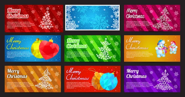 Happy New Year and Merry Christmas vector banner क्षैतिज सेट सजावट स्नोफ्लेक पाइन, गेंद, खिलौने और स्नोमैन के साथ — स्टॉक वेक्टर