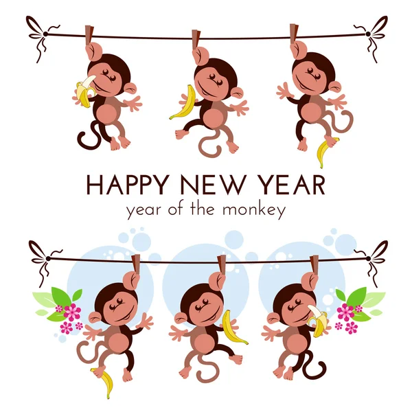 Chinese new year greeting card with monkeys on branch with bananas vector illustration — Stock Vector