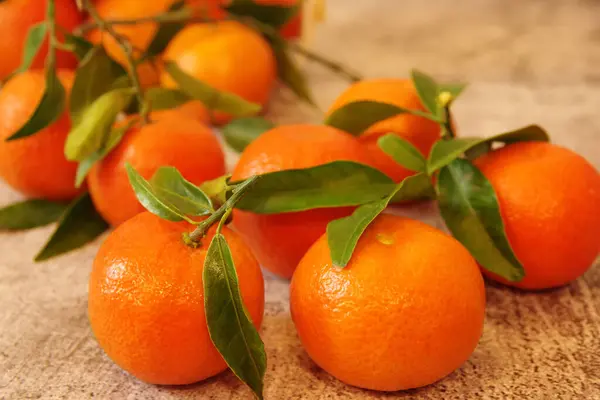 Großer Bund Reife Saftige Mandarinen Mit Grünen Blättern Frisch Duftende — Stockfoto