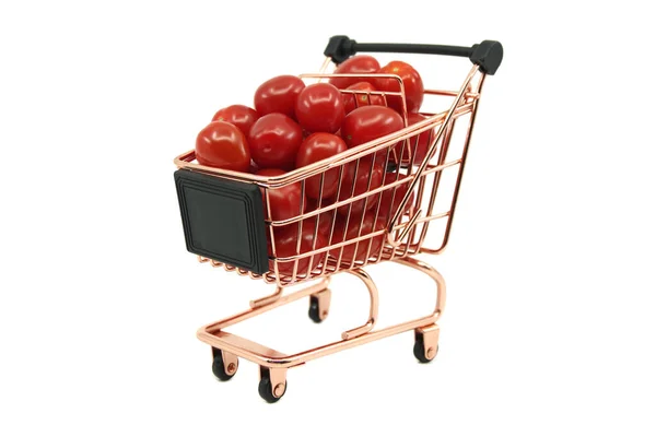 红色樱桃番茄小推车 白色背景隔离 购物和食品采购隐喻概念 — 图库照片