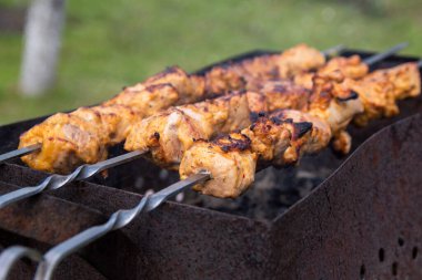 Açık ateşte ev yapımı Shaslik. Şiş kebap ızgarada kızarıyor..