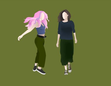 Yeşil bir arka planda sıradan giyinmiş iki genç kız.