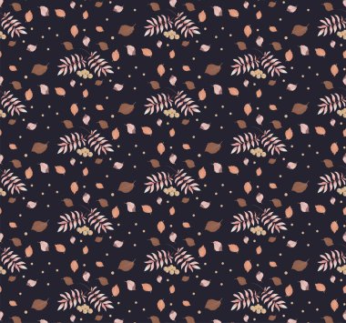 Sonbahar çok renkli meşe ve karaağaç yapraklarından oluşan koyu mor bir arka planda pembe renkli bir deseni olan vektör çizimi