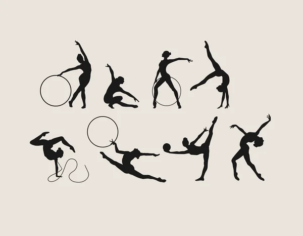 Conjunto Siete Siluetas Negras Vectoriales Atletas Gimnastas — Vector de stock