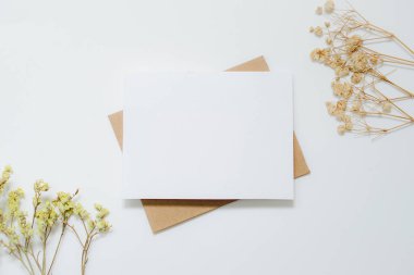 Boş beyaz davetiye kartı ve beyaz arkaplanda kurumuş çiçek dalı.