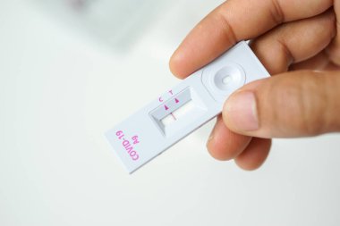 COVID-19 için negatif kendi test sonuçları, adamın sağ eli kovid19 hızlı antijen test kiti tutuyor ve bulanık beyaz arka plana karşı boş alan bırakıyor