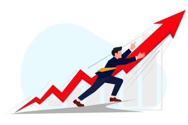 Bir iş adamının yukarı doğru ok atmasının iş büyüme konsepti çizimi, başarıyı, kararlılığı, finansal büyümeyi ve olumlu pazar trendini sembolize ediyor. Modern düz vektör çizimi.