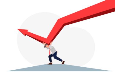 Ekonomik kriz, piyasa dengesizliği ve yavaş iyileşmeyi sembolize eden zigzag ok grafiğini yukarı iten iş adamı. İş baskısı, mali stres, kriz yönetimi ve dayanıklılık kavramı.