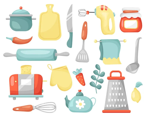 Colección Electrodomésticos Cocina Para Cocinar Estilo Dibujos Animados Casa Lindo — Vector de stock