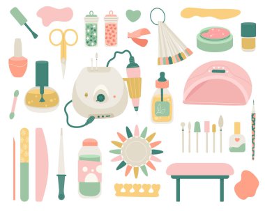 Çivi ve el bakımı için vektör set manikür aletleri. Düz stildeki kadınlar için el yapımı güzellik ve kozmetik öğeleri. Kozmetik objeleri. beyaz arkaplanda izole.