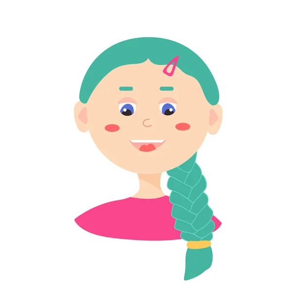 Векторный Портрет Милой Улыбающейся Девушки Зелеными Волосами Круглой Головой Романтичная — стоковый вектор