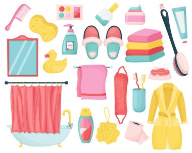 Banyo vektör kümesi, duş. Hijyen için ekipman ve kozmetik. cilt, saç ve vücut bakımı. Çizgi film tarzında yıkanmak için el çizimi nesneler. Beyaz arkaplanda izole edilmiş..