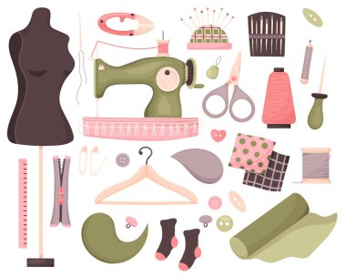 Çizgi film dikiş araçlarının vektör kümesi. Hobinin unsurları antika tarzında. El yapımı malzemeler. Terzi için nesneler. Beyaz arka planda izole edilmiş..