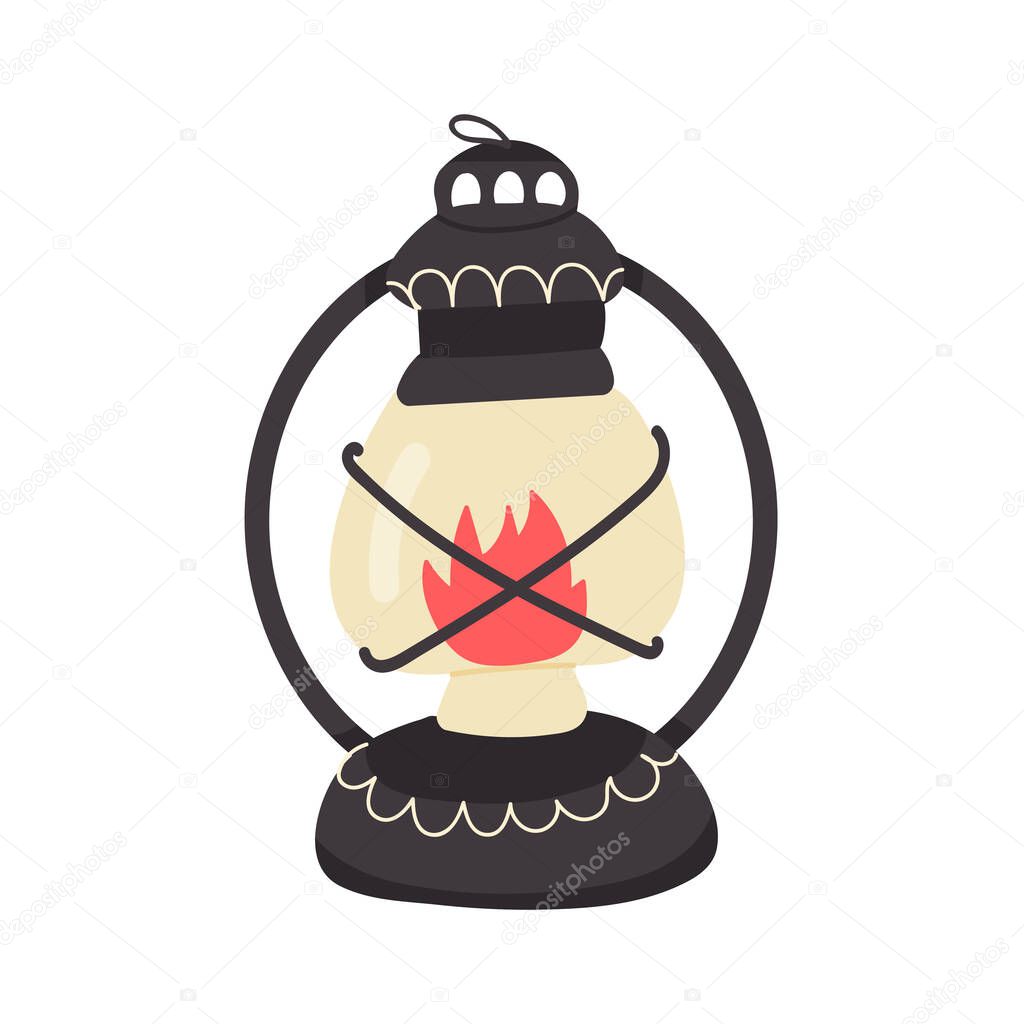  vector illustration of a burn kerosene lamp. lighting tools for camping and Hiking in flat vintage style. isolated on white background.tourism object for web,graphic,design.
