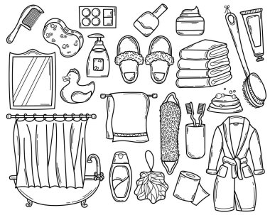 Tuvalet ve hijyen için karalama el çizimi elementleri. Duş almak ve eskiz tarzında yıkanmak için gereken malzeme ve kozmetik ürünlerinin koleksiyonu. beyaz arkaplanda izole.
