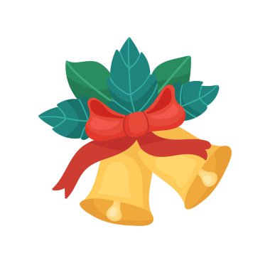 Kırmızı kurdeleli ve yeşil yapraklı Noel çanları. Yeni yıl için kutlama süslemeleri. Tebrik kartı, tasarım, web, grafik için bayram öğesi. beyaz arkaplanda izole.