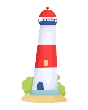 Karikatür tarzında bir adadaki deniz fenerinin vektör çizimi. Beyaz arka planda izole edilmiş. deniz iletişimi, sinyal elementi. Deniz kulesi. Web, tasarım, grafik için nesne.