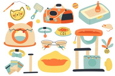 Vektör aksesuar seti, hayvanlar için oyuncaklar. Kedi bakımı için ekipman. Evcil hayvan dükkanının unsurları düz bir şekilde. Tasarım için güzel el yapımı veteriner koleksiyonu, web. beyaz arkaplanda izole.