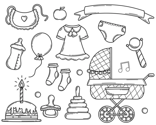 Vector Set Van Doodle Elementen Voor Een Pasgeboren Baby Collection — Stockvector