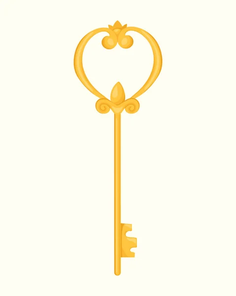 Vector Gold Vintage Key Lock Cartoon Style Изолированный Белом Заднем — стоковый вектор