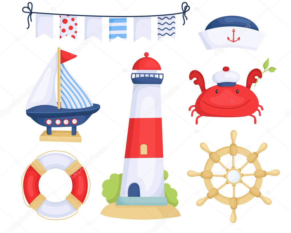  vector set of nautical children's elements. cute hand drawn marine collection for gift cards, design, web. boat, lighthouse, funny crab, lifebuoy in cartoon style.isolated on white background.