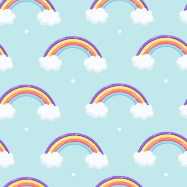 Gökkuşağı ve Bulutlu Gökyüzü Mavisi Arkaplanlı Kusursuz Şablon. Yazdırma, Tasarım, Paket Kağıdı, Duvar Kağıdı, Tekstil, Kumaş için Şirin Bebek Süslemesi. Çizgi Çocuk 'un Çizimi.