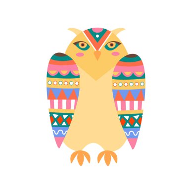 Etnik Hint tarzında Vektör Düz Baykuş. Tebrik kartları, tasarım, grafikler ve web için Süs Kanatları olan Şirin Yavru Kuş. Aztek İllüstrasyonu. Beyaz Arkaplanda İzole Edilmiş.