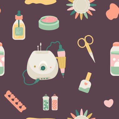 Koyu Arkaplanda Şirin Manikür Aletleri olan Kusursuz Vector Desensiz Modeli. Moda Tarzı Çivi ve El Bakımı için Profesyonel Düz Ekipman. Tasarım, Yazdırma, Paket Kağıdı, Duvar Kağıdı, Tekstil Resimleri.