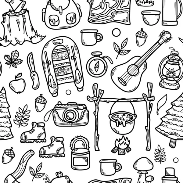 Vector Naadloos Patroon Met Doodle Camping Elements Tourism Illustration Tools — Stockvector