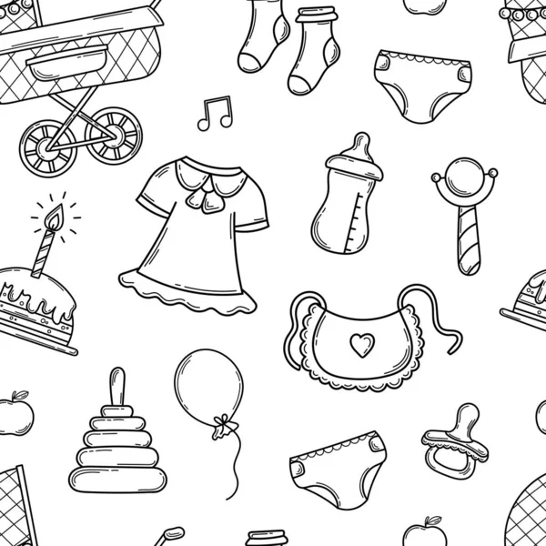 Vector Doodle Seamless Pattern Χαριτωμένα Στοιχεία Για Νεογέννητο Μωρό Διακόσμηση — Διανυσματικό Αρχείο