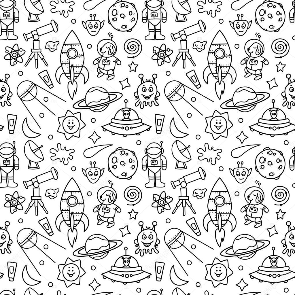 Vector Doodle Seamless Space Pattern.Cosmos Hand Drawn Elements in Sketch style.Illustration for Design, Textiles, Wrapping Paper,Wallpaper.Line,Outline Galaxy Objects. Isolated on white background.
