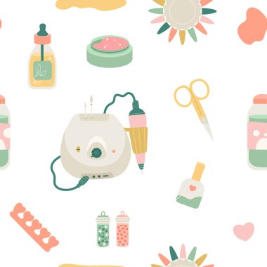 Beyaz Arkaplanda Düz Manikür Aletleri ile Kusursuz Desensiz Kalıp. Moda Tarzı İçin Profesyonel Cilt ve El Bakımı Ekipmanı. Tasarım, Yazdırma, Paket Kağıdı, Duvar Kağıdı, Tekstil Süslemesi.