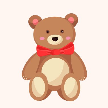 Vector Brown Teddy 'nin kırmızı kurdeleli hali. Kid' in şirin oyuncağı bej arka planda izole edildi. Sevgililer günü için Düz stil hediye Teddy. Tasarım, Web, Grafik, Yazdırma.