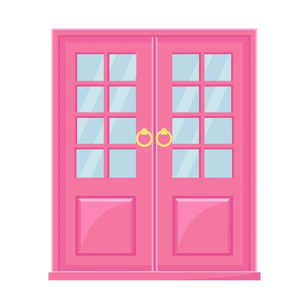 Illustration Vectorielle Une Porte Avant Rose Deux Feuilles Avec Fenêtres — Image vectorielle