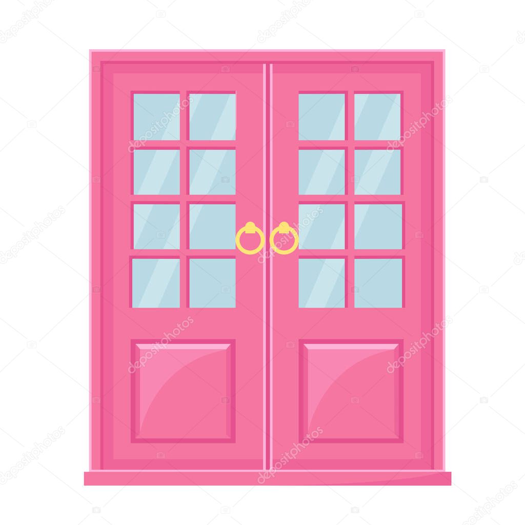 Vector Illustration of a Double-Leaf Pink Front Door with Glass Windows.Facade for Design, Web, Graphics. Elements of Buildings and Architecture in Cartoon style.Isolated on White background.