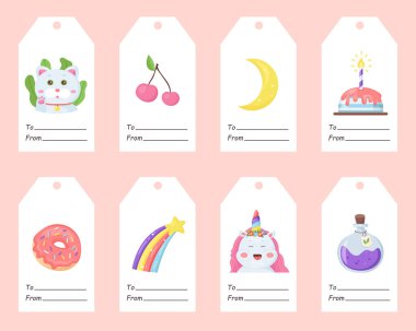 Çocuk Elementlerinin Vektörü Kawaii Etiketleri. Hediye için Şirin Fantezi Şablonları. Gökkuşağı, Tekboynuz, Kedi, Donut. Moda Bebek Belirleme. Büyülü Tapılası Koleksiyon. Beyaz arka planda izole edilmiş..