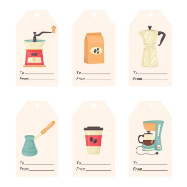 Kahve Aletleri 'nin Vektör Etiketleri. Barista Elementleri ve Klip Sanatları' yla Şirin Düz Şablonlar. Sabah Kahvaltısı İçkisi ile Karikatür Kartpostalları. Kahve makinesi ekipmanı. Beyaz arka planda izole edilmiş..