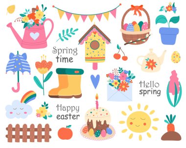 Şirin Düz El Çizim Bahçesi Aletleri ve İlkbahar Paskalya Elementleri. Doodle Tarım Malzemeleri Koleksiyonu. Beyaz Arkaplanda İzole Edildi. Çocuğun Tasarım, Web, Grafik Çizimi.