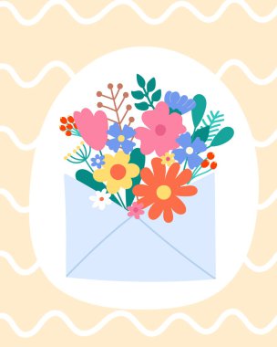 Zarfta bir buket çiçekli Vector Spring tebrik kartı. Sevgililer Günü 'nün romantik unsurları Botanik Mektuplu Şirin El Çizimi..