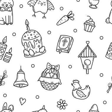 Hıristiyan Paskalya elementleriyle Kusursuz Şekil Vektörü. Sketch stilinde Kutlama Dini El Çizimi Süslemesi. Çizgi ve Kumaş, Duvar Kağıdı, Paket Kağıdı, Yazdırma.