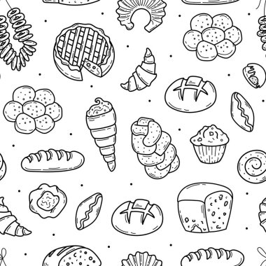 Çizim tarzında el yapımı fırın ve hamur işi kusursuz desenler. Çizgi ve ana hatlı buğday ekmeği süslemesi. Yazdırma, Paket Kağıdı, Duvar Kağıdı için Vektör Resimleri. Beyaz Arkaplanda İzole Edildi.