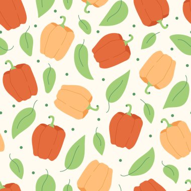 Flat Pepper Paprika ve Yaprakları ile Kusursuz Kalıp. Sağlıklı Yiyeceklerle El Çizimi Renkli Süsleme. Yazdırma, Duvar Kağıdı, Paket Kağıdı, Tekstil, Kumaş, Tasarım.