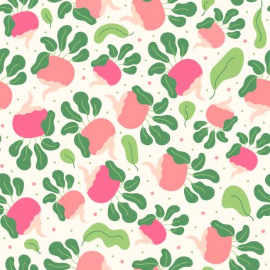 Pembe Turplu Kusursuz Düz Desen. Sağlıklı Sebzelerle Renkli El Çizimi Süslemesi. Vejetaryen Yiyeceklerle Örüntü. Yazdırma, Paket Kağıdı, Duvar Kağıdı, Kumaş, Tasarım.