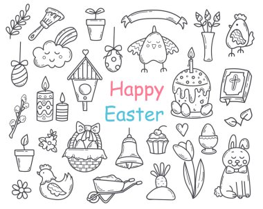 Doodle Paskalya Elementleri. Çizgi ve Taslak Bahar Koleksiyonu Skeç stilinde. El çizimi Din Hristiyan Nesneleri. Tasarım, grafik ve ağ için vektör illüstrasyonu.