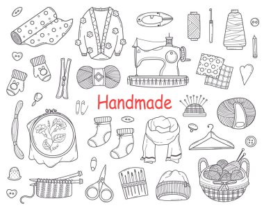 Örgü ve Dikiş Aletleri ile Doodle Set El yapımı, Dikiş, Sketch stilinde yaratıcılık. Dikiş ve Terzilik için El Çizimi Aksesuarları. Vektör İllüzyonu.