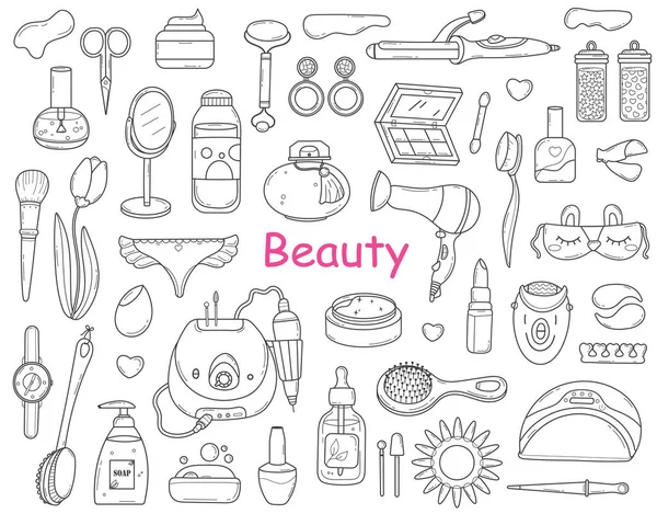 Vector Doodle Σετ Καλλυντικών Για Μακιγιάζ Και Στοιχεία Ομορφιάς Στυλ — Διανυσματικό Αρχείο