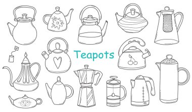  Çaydanlık ve Çaydanlık Doodle Skeç tarzında. Servis ve Sabah İçkileri için El Çizgisi Utensilleri. Çay Seremonisi için Mutfak Tabağı. Beyaz arka planda izole edilmiş. Vektör İllüzyonu.